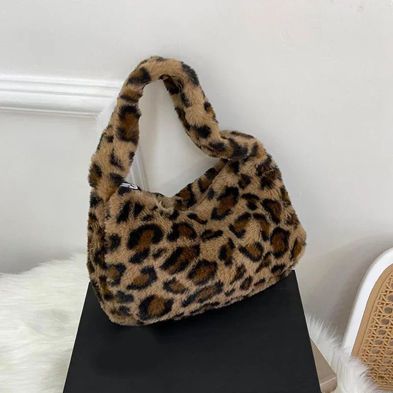 Y2k Korean Plush Retro Leopard Print Bags for Women