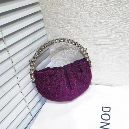Circular Metal Handle Mini Bag  Glitter Shiny Rhinestone Evening Bag
