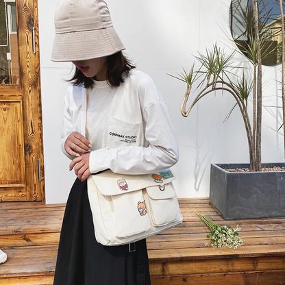 Japanese Harajuku Cute Retro Girl Shoulder Bag Chic Badge Canvas Crossbody Bags