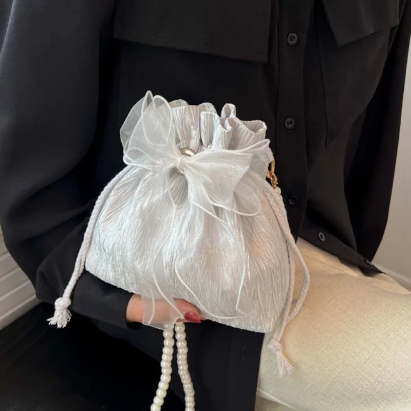 Crossbody Bag with Faux Pearl Chain - Versatile Bucket Shoulder Purse for Women