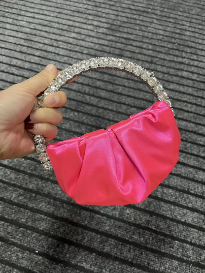 Circular Metal Handle Mini Bag  Glitter Shiny Rhinestone Evening Bag