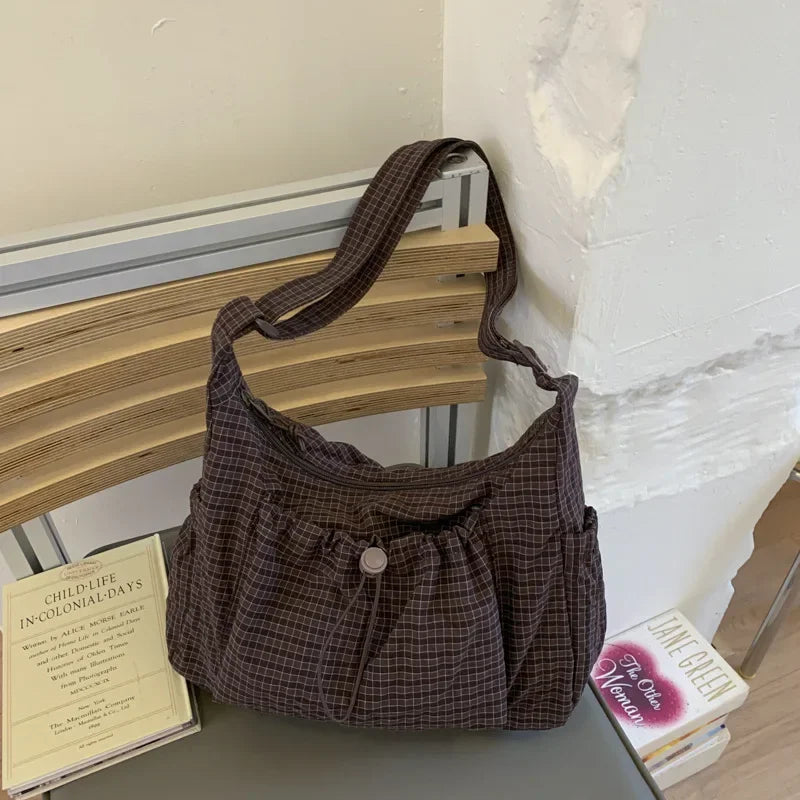 Korean Style Shoulder Bag  Simple Plaid Zipper Tote Bag