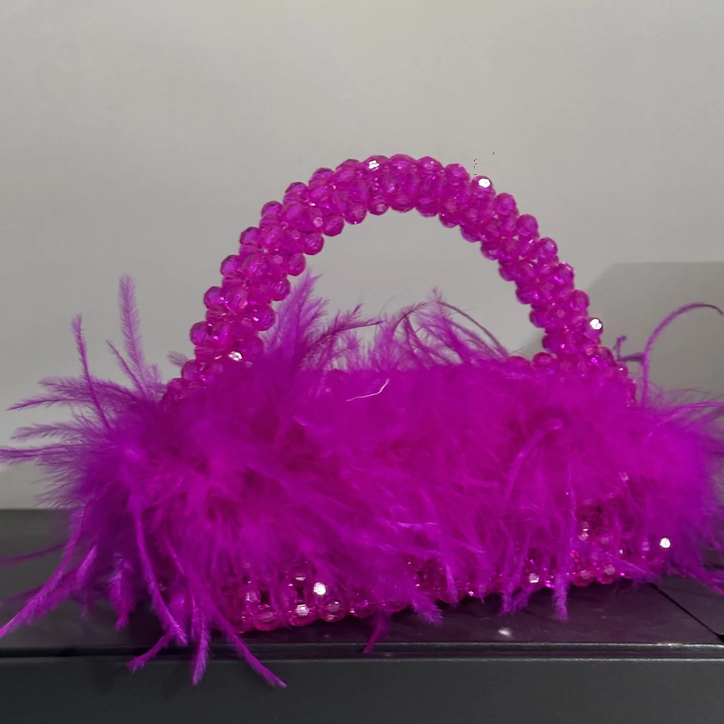 Handmade Ostrich Hair Beaded Bag Clear Acrylic Crystal Stone Box Handbag