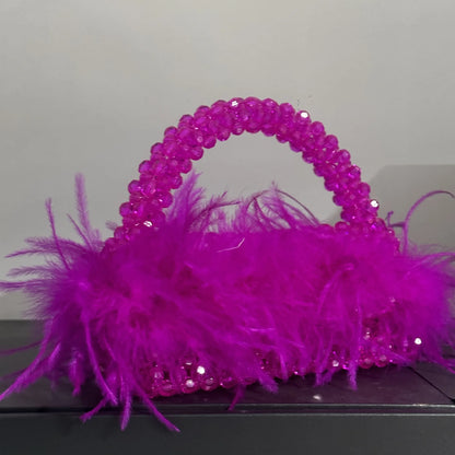 Handmade Ostrich Hair Beaded Bag Clear Acrylic Crystal Stone Box Handbag