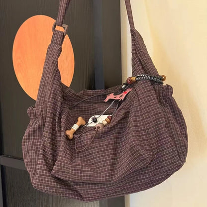 Korean Style Shoulder Bag  Simple Plaid Zipper Tote Bag