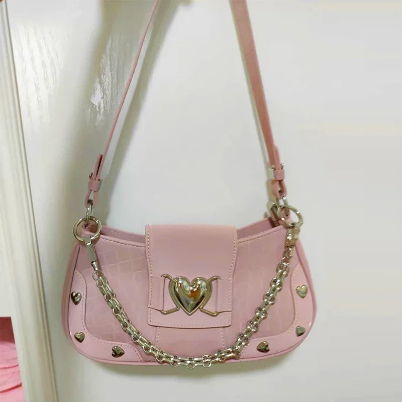 Y2k Handbag Women Sweet  Chain Pink Underarm Bag
