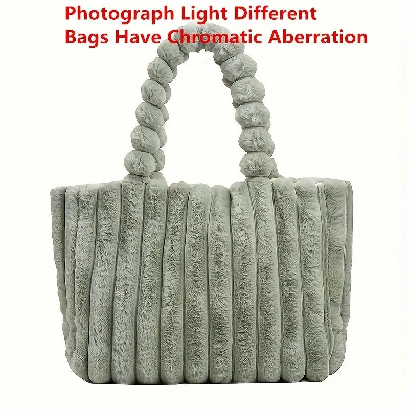 Large Capacity Plush Tote Bag, Stiped Faux Fur Shoulder Bag, Women's Soft Fluffy Handbag