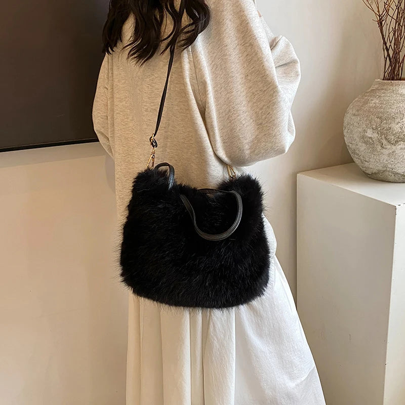 Furry Handbag Pearl Chain Plush Small Square Elegant Shoulder Autumn Winter Versatile Crossbody Bag