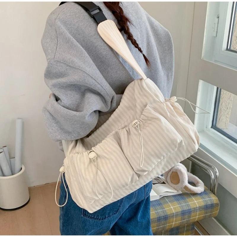 Korean Style Shoulder Bag  Simple Plaid Zipper Tote Bag