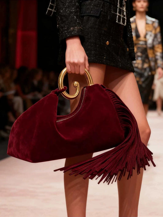 Vintage Faux Suede Tassel Women Handbags Designer Elegant Velvet Party Purse