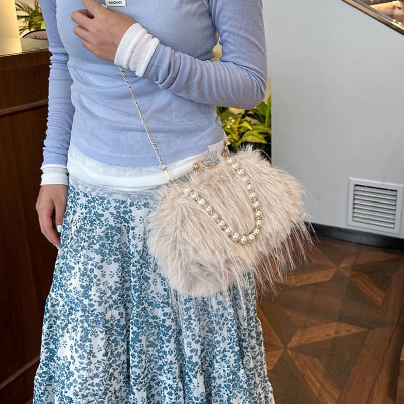 Furry Crossbody Bag with Pearl Handle Chain Plush Shoulder Bags for Women