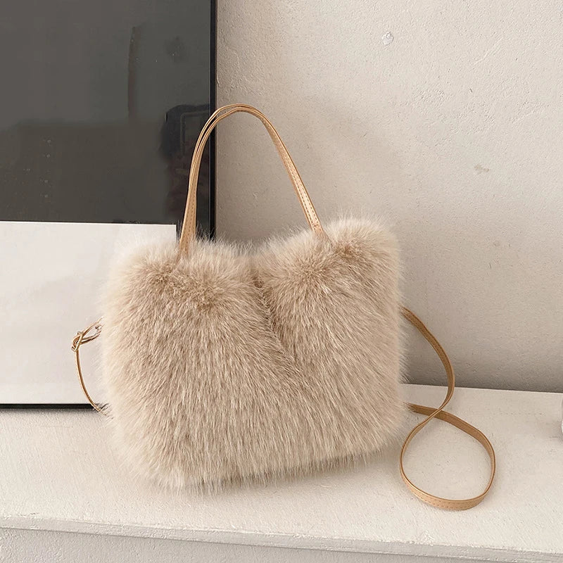 Furry Handbag Pearl Chain Plush Small Square Elegant Shoulder Autumn Winter Versatile Crossbody Bag