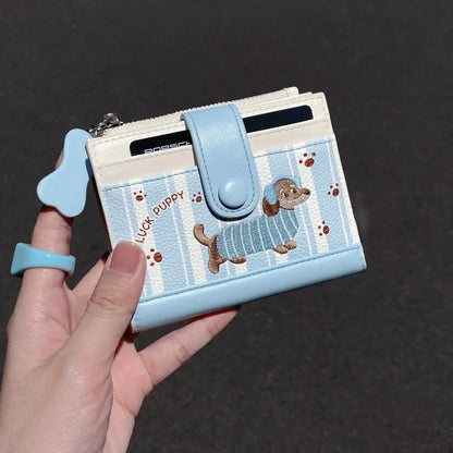 Korean Style Dachshund Embroidery Short Wallet