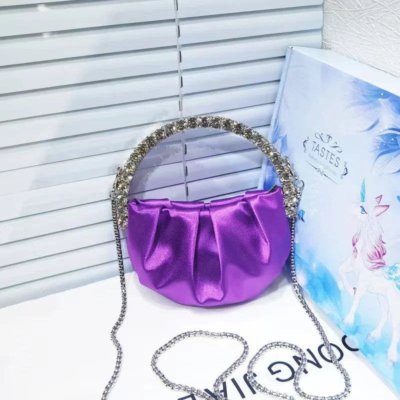 Circular Metal Handle Mini Bag  Glitter Shiny Rhinestone Evening Bag