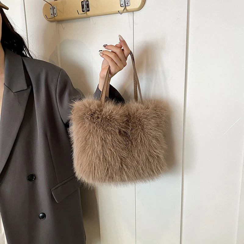 Furry Handbag Pearl Chain Plush Small Square Elegant Shoulder Autumn Winter Versatile Crossbody Bag