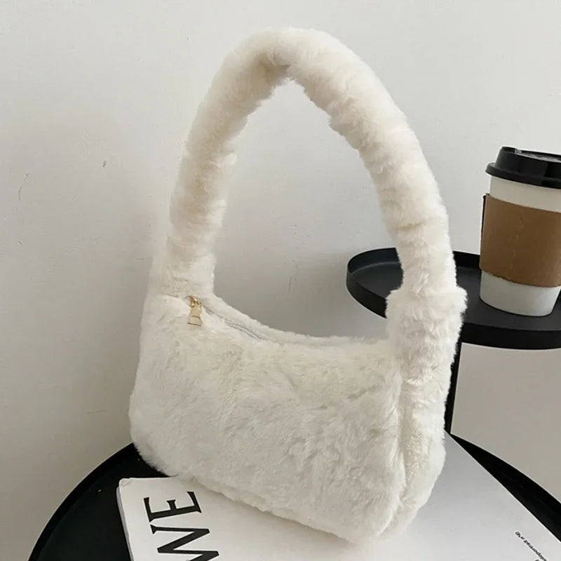 Fluffy Totes Soft Plush Underarm Bag Solid Color Purse Autumn Winter Handbag