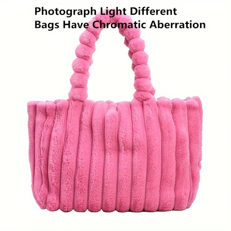 Large Capacity Plush Tote Bag, Stiped Faux Fur Shoulder Bag, Women's Soft Fluffy Handbag