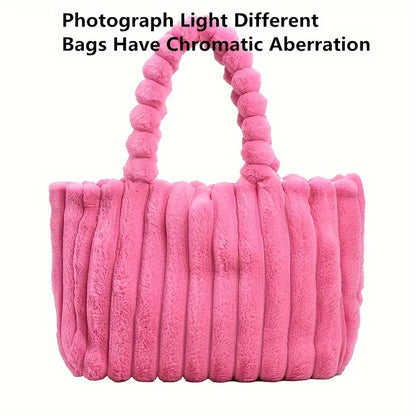 Large Capacity Plush Tote Bag, Stiped Faux Fur Shoulder Bag, Women's Soft Fluffy Handbag