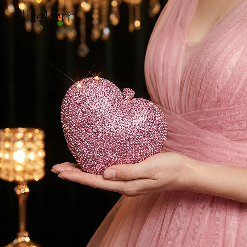 Alizekerr Heart Shaped Crystal Evening Bags Classy Chic Rhinestone Small Clutch