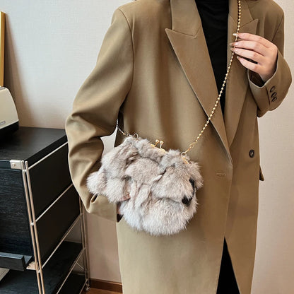 Soft Plush Evening Bags For Elegant Women Fox Fur Dinner Party Clutch