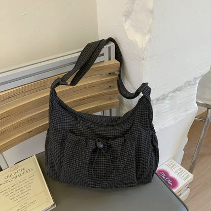 Korean Style Shoulder Bag  Simple Plaid Zipper Tote Bag