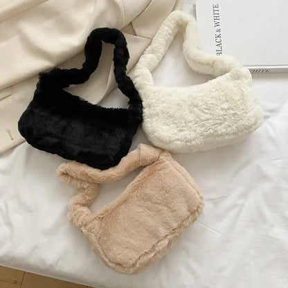 Fluffy Totes Soft Plush Underarm Bag Solid Color Purse Autumn Winter Handbag