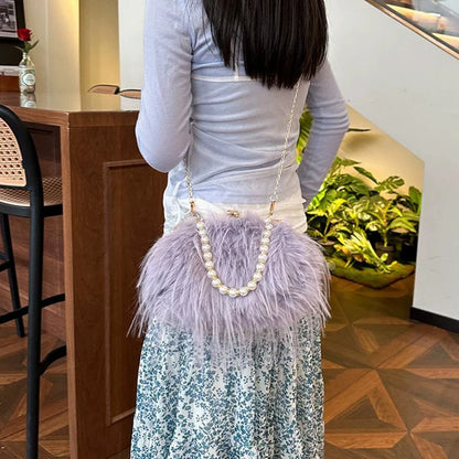 Furry Crossbody Bag with Pearl Handle Chain Plush Shoulder Bags for Women