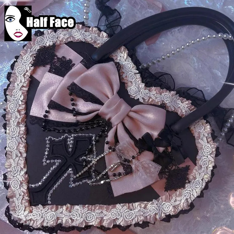 Y2K Girls Harajuku Womens Gothic Steam Punk One Shoulder Subculture Underarm Black Lolita Pearl Chain  Bag