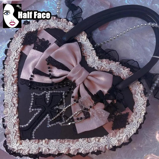 Y2K Girls Harajuku Womens Gothic Steam Punk One Shoulder Subculture Underarm Black Lolita Pearl Chain  Bag