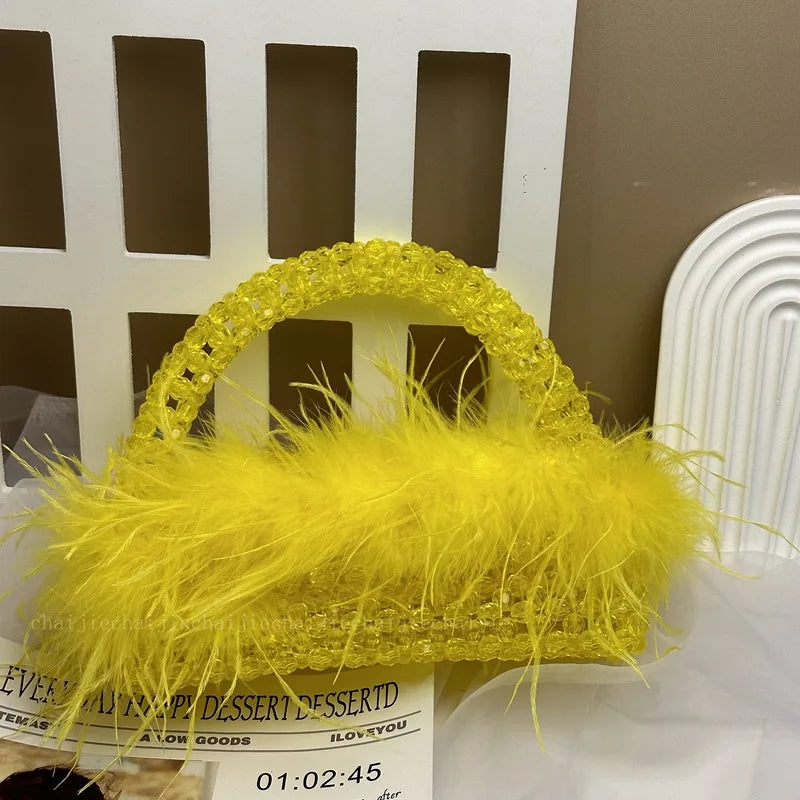 Handmade Ostrich Hair Beaded Bag Clear Acrylic Crystal Stone Box Handbag