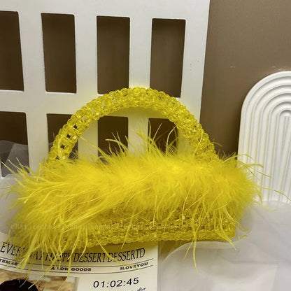 Handmade Ostrich Hair Beaded Bag Clear Acrylic Crystal Stone Box Handbag