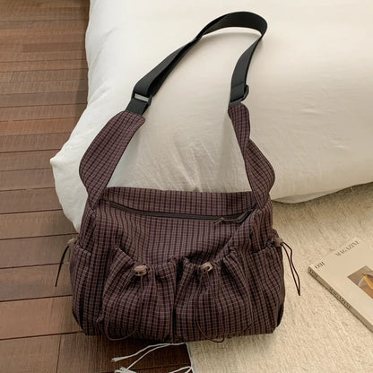 Korean Style Shoulder Bag  Simple Plaid Zipper Tote Bag