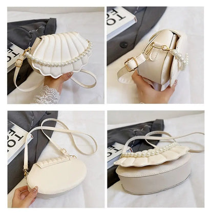 Cute Shell Shoulder Bag Minimalist with Pearls Design PU Leather Pearl Decorated Handbag for Women