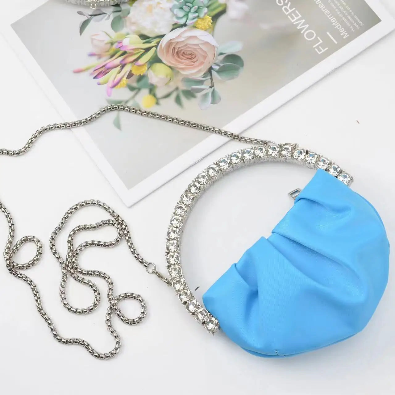 Circular Metal Handle Mini Bag  Glitter Shiny Rhinestone Evening Bag