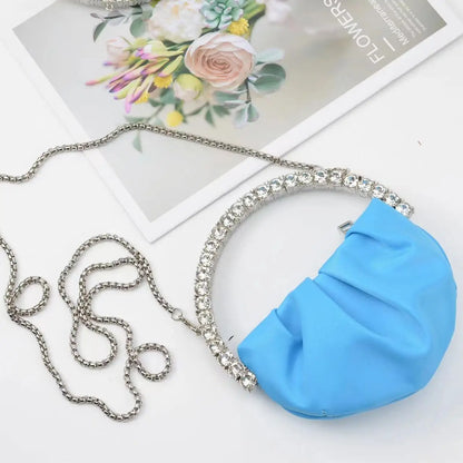 Circular Metal Handle Mini Bag  Glitter Shiny Rhinestone Evening Bag