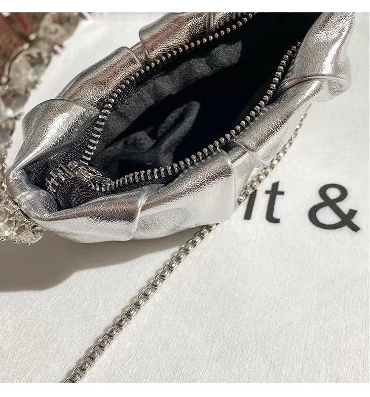 Circular Metal Handle Mini Bag  Glitter Shiny Rhinestone Evening Bag
