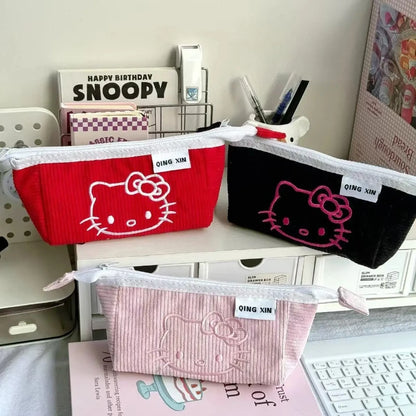 Cute Hello Kitty Corduroy Large Capacity Stationery Storage Bag