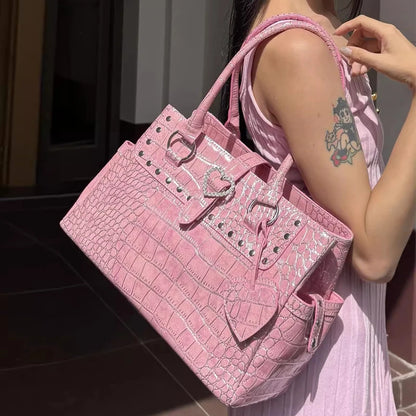 Light Luxury Crocodile-print Handbag For Hot Girls Pink Heart Pattern