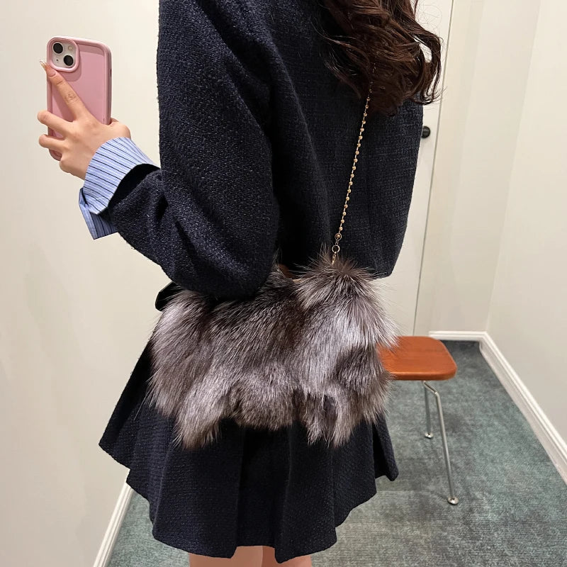 Soft Plush Evening Bags For Elegant Women Fox Fur Dinner Party Clutch