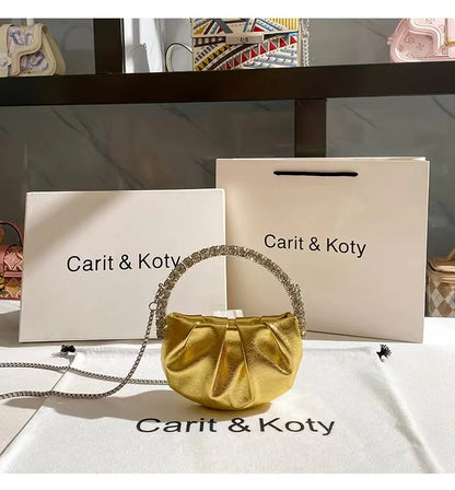 Circular Metal Handle Mini Bag  Glitter Shiny Rhinestone Evening Bag