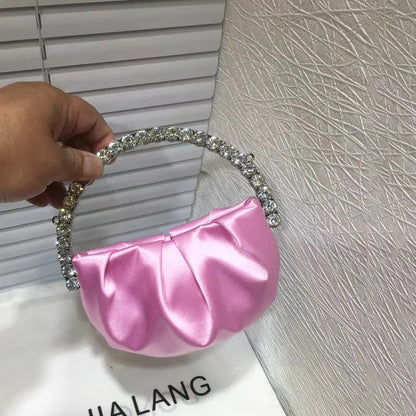 Circular Metal Handle Mini Bag  Glitter Shiny Rhinestone Evening Bag