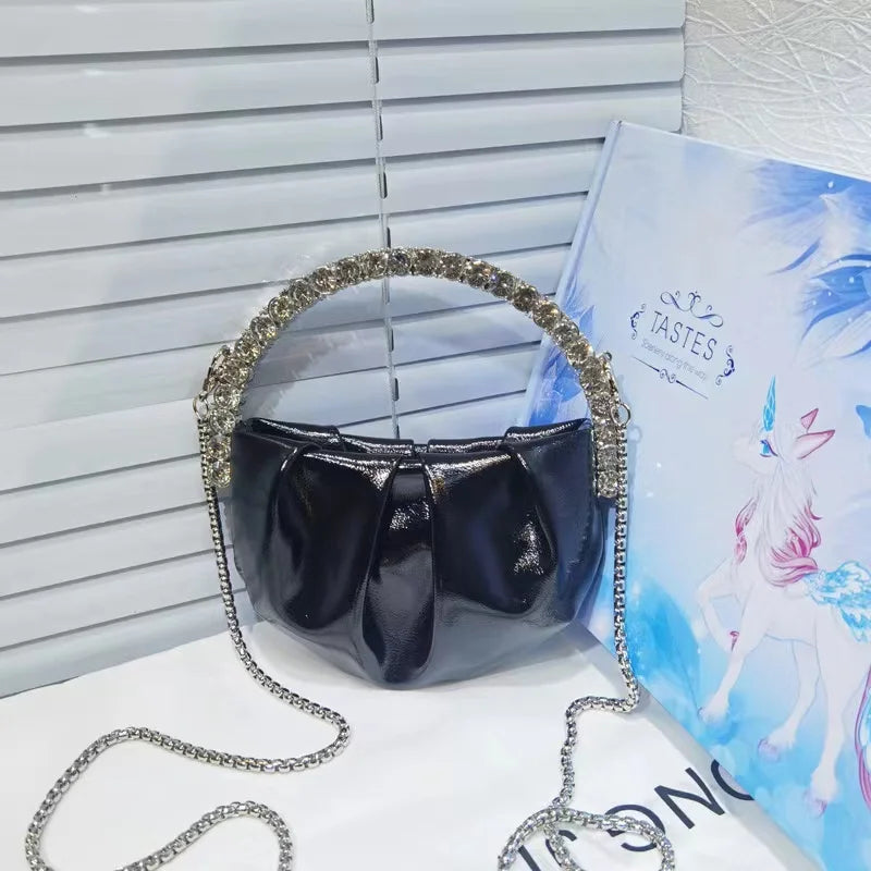 Circular Metal Handle Mini Bag  Glitter Shiny Rhinestone Evening Bag