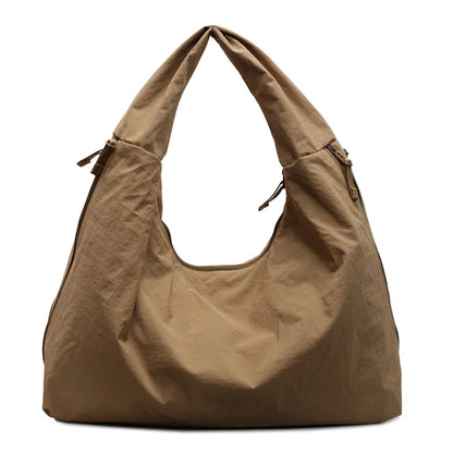 Chic Solid Color Nylon Tote Bag with Multiple Zipper Pockets, Large Capacity Casual Shoulder Bag