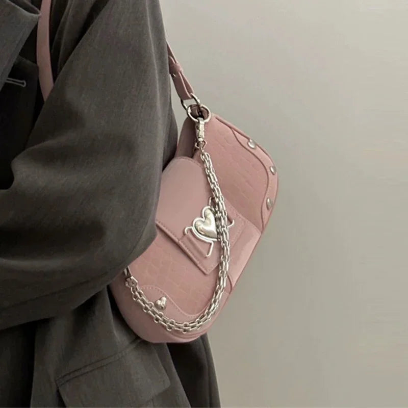 Y2k Handbag Women Sweet  Chain Pink Underarm Bag