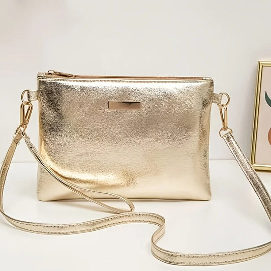 Elegant Gold Shiny Strap Zipper Closure Shoulder Bag