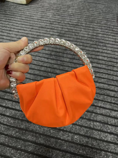 Circular Metal Handle Mini Bag  Glitter Shiny Rhinestone Evening Bag