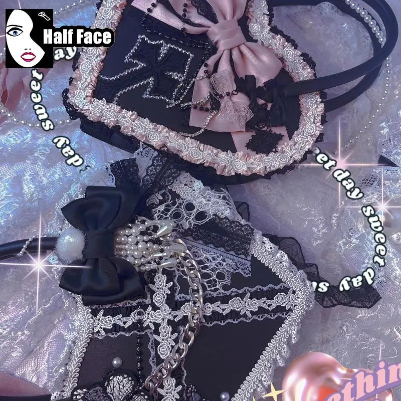 Y2K Girls Harajuku Womens Gothic Steam Punk One Shoulder Subculture Underarm Black Lolita Pearl Chain  Bag
