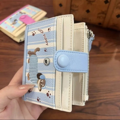 Korean Style Dachshund Embroidery Short Wallet