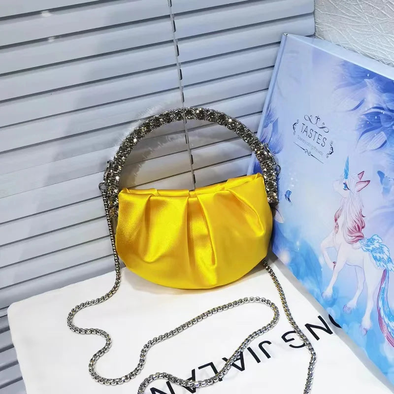 Circular Metal Handle Mini Bag  Glitter Shiny Rhinestone Evening Bag