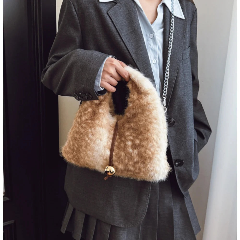 Fluffy Deer Pattern Shoulder Faux Fur Bags for Women